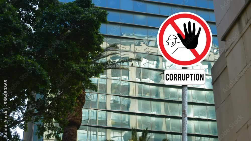 Poster animation of cityscape over warning sign with corruption text