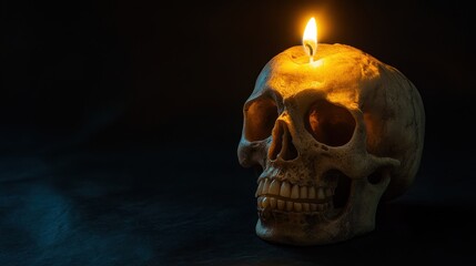 A skull with a candle burning on top, creating a moody, eerie atmosphere.