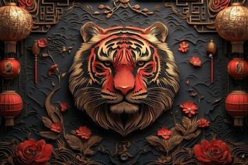 intricate papercut tiger design in red and gold delicate details and traditional motifs celebrate lunar new year festive background with lanterns and auspicious symbols