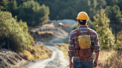 Construction worker walking on a dirt road in a forest area during the day