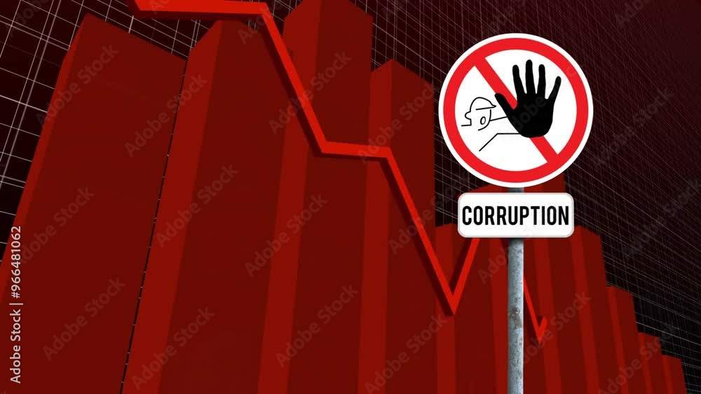 Poster animation of diagrams and data processing over warning sign with corruption text