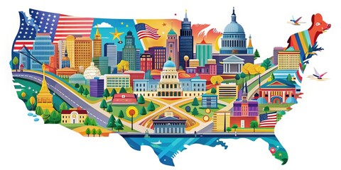 Fototapeta premium Vibrant illustration of US capital city marked on a stylized map, showcasing iconic landmarks, roads, and waterways in a colorful, modern, and abstract representation.