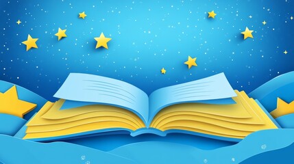 Open book with yellow pages and stars floating in a blue night sky, representing creativity and imagination for children's stories