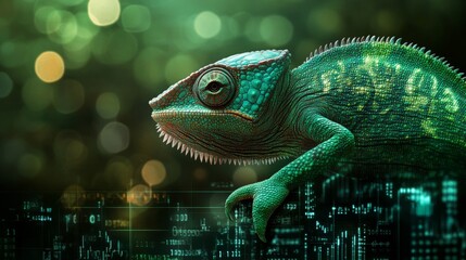 Green chameleon blending into a digital background of stock symbols, representing adaptability and technology integration