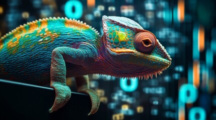 Vibrant chameleon blending into a digital background with stock symbols representing adaptability