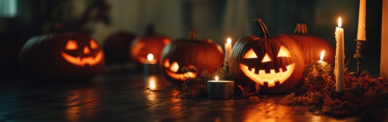 Fototapeta premium A cozy Halloween scene with glowing jack-o'-lanterns and candles.