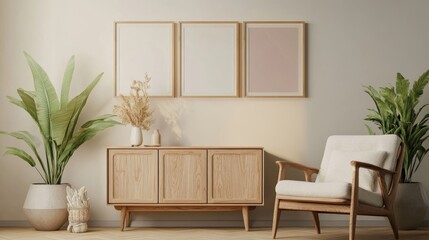 Armchair near cabinet against wall with three frames Scandinavian interior design of modern living room