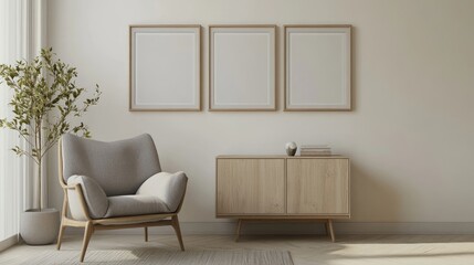 Armchair near cabinet against wall with three frames Scandinavian interior design of modern living room