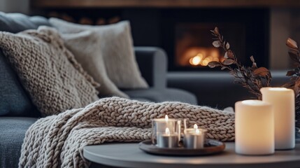 Beige chunky knit throw on grey sofa ??offee table with candles against fireplace Scandinavian farmhouse,