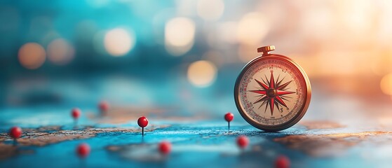 An  compass with red pins marking destinations on a faded map