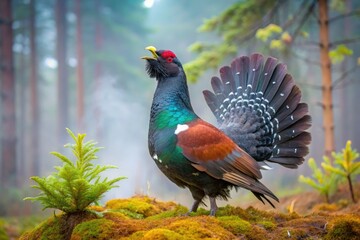Fototapeta premium Vibrant male capercaillie bird displays iridescent plumage and elaborate courtship display in misty Scottish Highlands forest, its feathers glistening with dew.