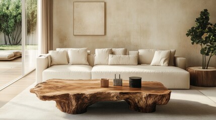Beige luxury sofa and rustic live edge coffee table in spacious room Minimalist home interior design of modern living room in villa