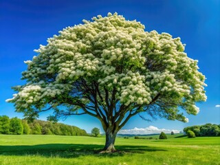 Fototapeta premium Vibrant margosa tree with bright green leaves and white flowers stands tall in a lush green landscape under a clear blue sky.