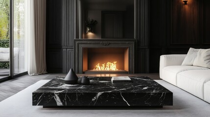 Black marble stone coffee table near white sofa by classic fireplace Art deco style home interior design of modern living room