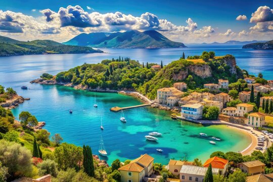 Vibrant map of Corfu, Greece, showcasing picturesque villages, turquoise bays, and rolling hills, highlighting the island's unique blend of Greek and Mediterranean charm.