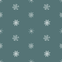 Simple Christmas seamless pattern with geometric motifs. Snowflakes and circles with different ornaments on blue grey background. Retro textile collection. 