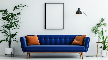 Blue sofa against white wall with art poster frame Mid century style interior design of modern living room
