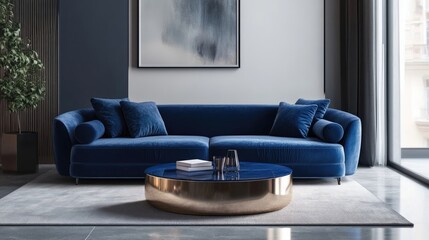 Blue velvet sofa near round coffee table in spacious room Minimalist interior design of modern living room