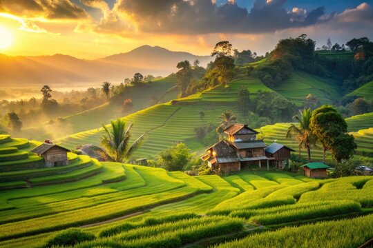 Vibrant morning landscape of rolling hills, lush green rice fields, and traditional Sundanese houses in Sumedang, West Java, Indonesia, bathed in warm golden light.