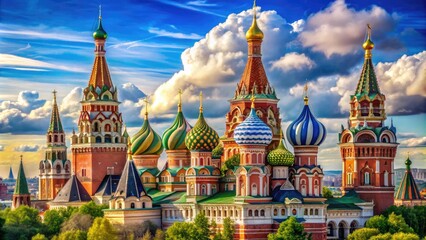 Fototapeta premium Vibrant onion domes of a majestic historic cathedral rise above the Moscow cityscape, surrounded by ornate architecture, against a brilliant blue sky with wispy clouds.