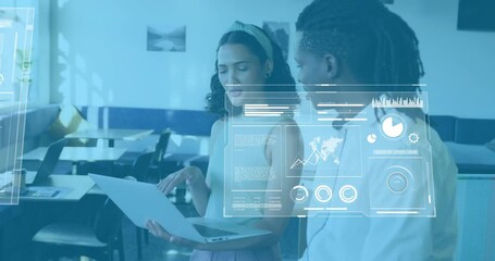 Animation of diagrams and data processing over diverse colleagues discussing work in office - Powered by Adobe