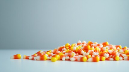 Fototapeta premium A pile of colorful candy corn on a white surface, evoking seasonal festivities.