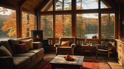 Fototapeta premium warm and cozy interior of a cottage with a crackling fireplace and rustic furniture from where you can see an autumn landscape through a large window