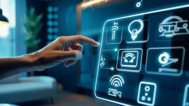 Hand touching futuristic smart home control panel with glowing blue icons. Digital interface for IoT devices showcasing modern home automation and connected lifestyle technology