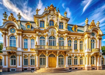 Vibrant, ornate architectural details adorn a stunning Baroque palace, with intricate carvings, gilded accents, and sweeping curves, evoking opulence and extravagance in every facet.
