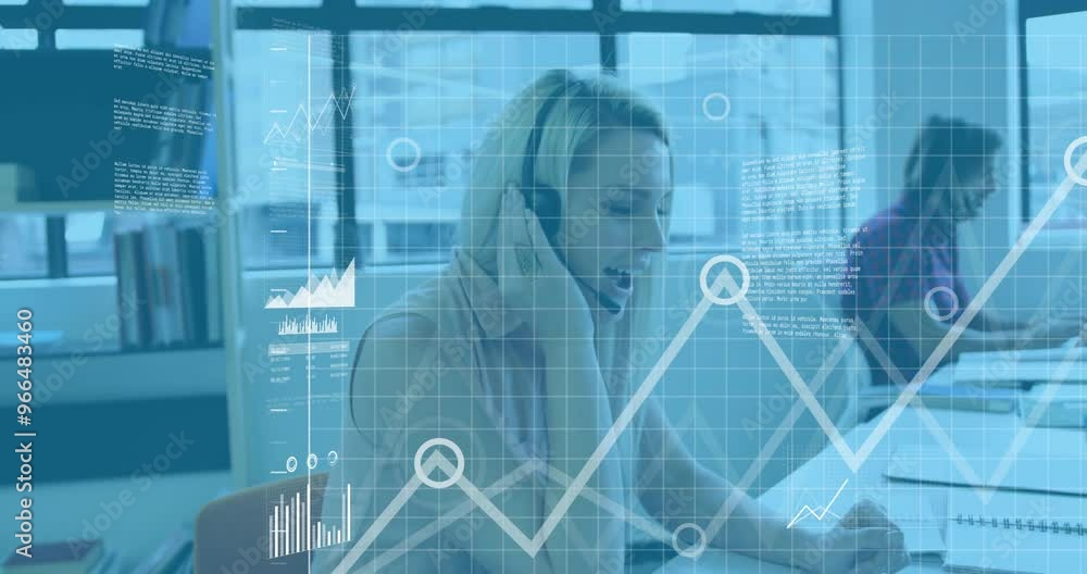 Aufkleber animation of diagrams and data processing over diverse colleagues using phone headsets in office