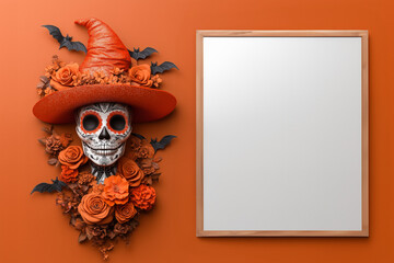 a sugar skull adorned with flowers and wearing a glittery orange hat, next to a empty blank frame on orange background,Halloween or Day of the Dead celebrations.Mockup.menu,restaurant,