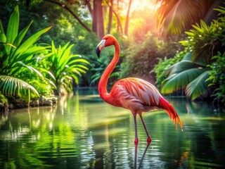Fototapeta premium Vibrant pink flamingo stands amidst lush greenery, its bright feathers glowing in the sun, creating a stunning contrast against the serene water background.