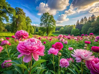 Obraz premium Vibrant pink peonies bloom amidst lush green foliage and delicate wildflowers in a serene, sun-drenched meadow surrounded by towering trees and a soft blue sky.