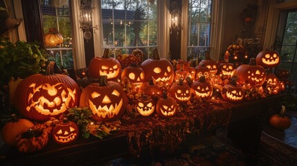 Fototapeta premium A festive display of intricately carved and illuminated pumpkins for Halloween celebration.