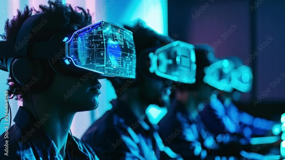 Poster programmers wearing vr headsets experiencing augmented reality, working with holographic images, and