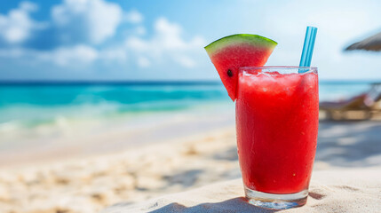 A cool and refreshing watermelon drink, perfect for sipping on a sunny day at the beach.