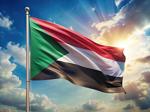 Vibrant red, white, and black Sudanese flag waving gently in the breeze, with subtle folds and creases, against a soft blue sky with faint wispy clouds.