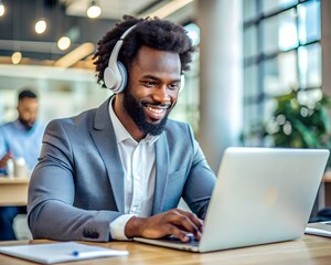 close up Afro-American man wearing headphones