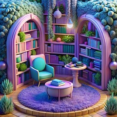 A lavender 3D computer in a reading corner, surrounded by a vibrant bookshelf filled with children's books