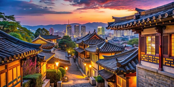 Vibrant Seoul cityscape at night, majestic lanterns and colorful neon lights illuminate ancient Bukchon Hanok Village, showcasing South Korea's rich cultural heritage.
