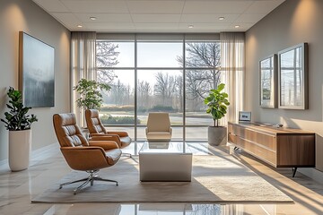 Fototapeta premium A quiet office bathed in soft daylight, featuring sleek furniture and minimal decor.