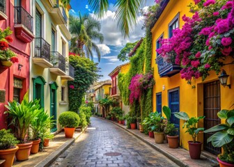 Vibrant street scene in a tropical city featuring colorful buildings, lush greenery, and exotic flowers, evoking a sense of paradise found in a bustling avenue.
