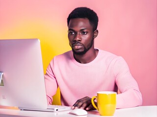shot computer Afro-American worker coding late at night