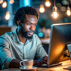 shot computer Afro-American worker coding late at night