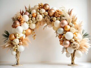 An arch made of balloons and dried flowers. boho stye celebration on a white background.