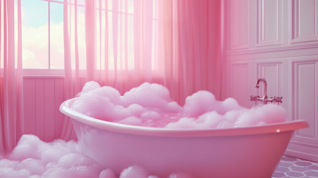 The bathtub is filled with fluffy, pink bubbles that look like clouds.