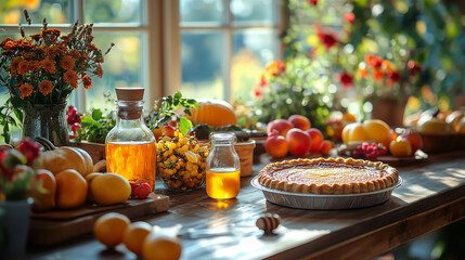 Naklejka premium A cozy farm kitchen with a table set for a harvest feast, featuring pumpkin pie, fresh honey, and a bowl of seasonal fruits.