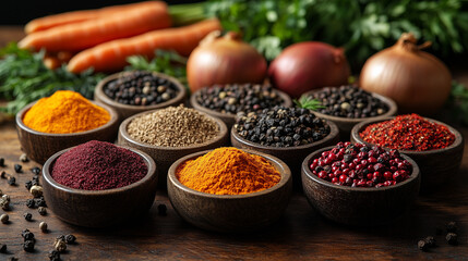 An array of seasonal spices and herbs spread out on a wooden table, with farm produce like carrots and onions in the background.