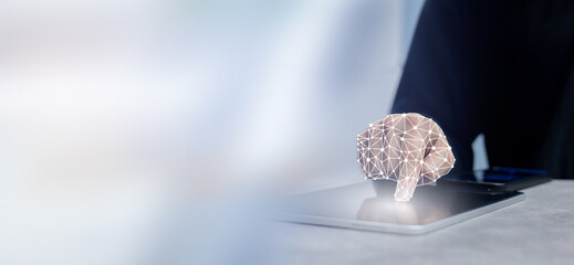 close up on virtual robot hand with hologram nerves network work on laptop to check database and...