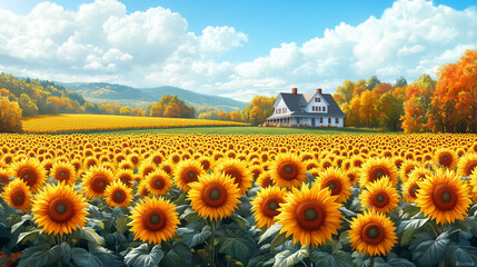 Obraz premium A picturesque farm with fields of ripe corn, pumpkins, and sunflowers under a clear blue sky, with a cozy farmhouse in the background.
